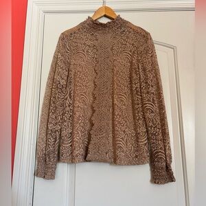 CABLE & GAUGE Women’s Medium Elegant Lace High-Neck Long Sleeve Top - Brown